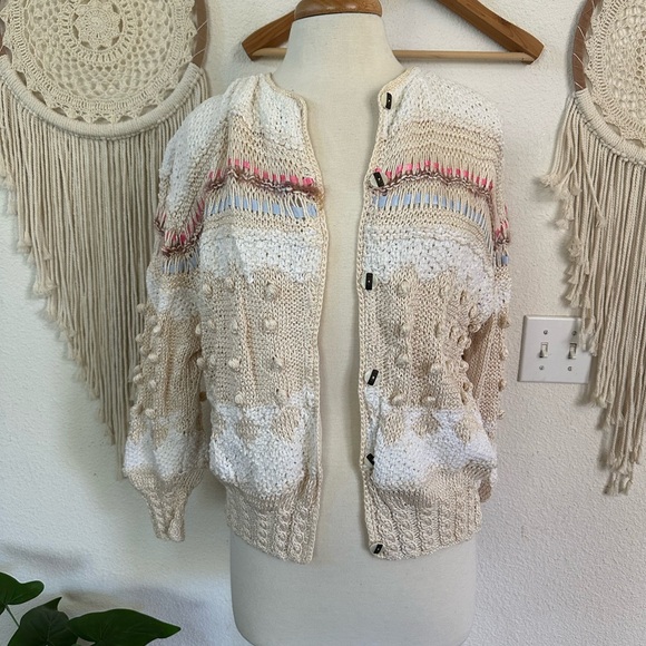 yvonne bergin Sweaters - Handmade in Ireland Alpaca Cream and White Women's Cardigan Medium